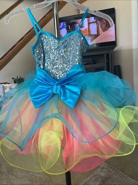 Blue Sequin & Rainbow Tulle Kids dance Costume Dress with Bow